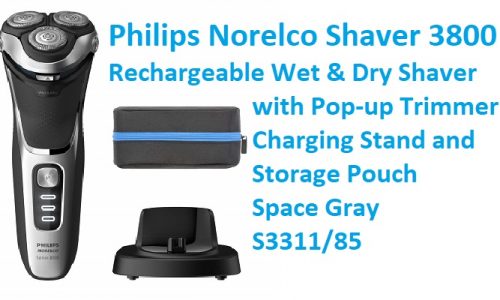 Philips Norelco Shaver 3800, Rechargeable Wet & Dry Shaver with Pop-up Trimmer, Charging Stand and Storage Pouch, Space Gray, S3311/85