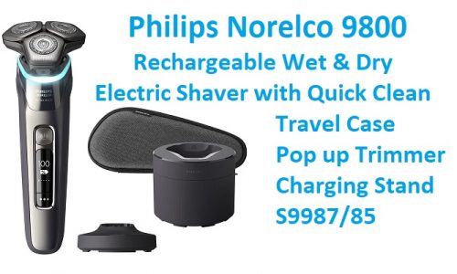 Philips Norelco 9800 Rechargeable Wet & Dry Electric Shaver with Quick Clean, Travel Case, Pop up Trimmer, Charging Stand, S9987/85