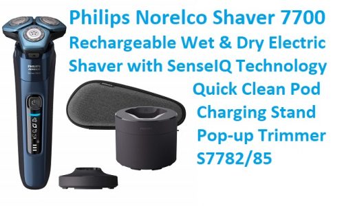 Philips Norelco Shaver 7700, Rechargeable Wet & Dry Electric Shaver with SenseIQ Technology, Quick Clean Pod, Charging Stand and Pop-up Trimmer, S7782/85